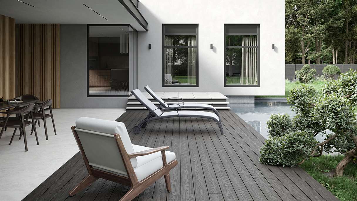 planeo CoEXWood WPC set completo di listoni massicci - grigio antracite/grigio strutturato
