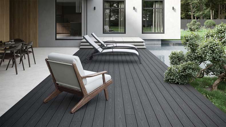 planeo CoEXWood WPC tavola con rivestimento solido - Grigio antracite/Grigio-marrone 3m strutturato