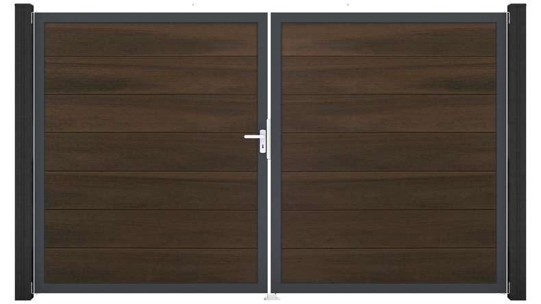 planeo Gardence Strong XL - Cancello BPC - a 2 ante, in noce co-ex con telaio in alluminio 