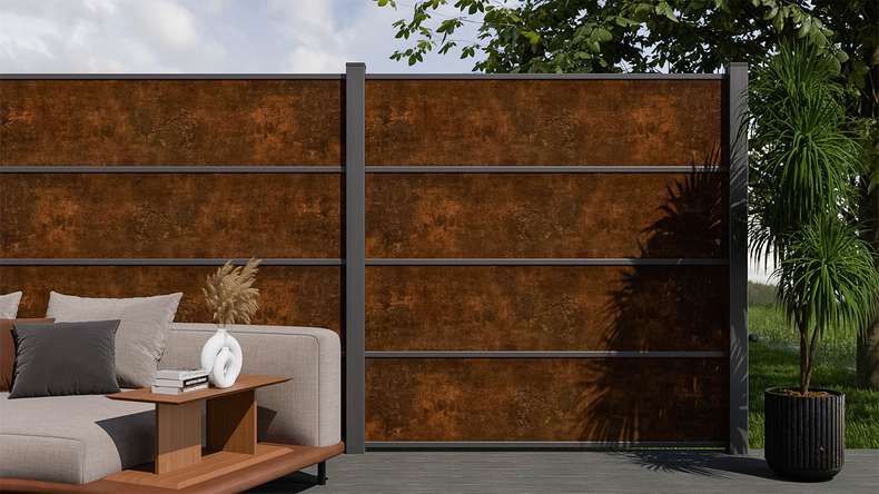 planeo Gardence Resistant - recinzione a innesto in HPL effetto ruggine 180 x 183 cm