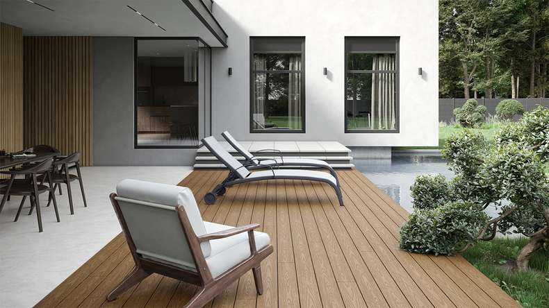 planeo CoEXWood WPC set completo di listoni massicci 3,6 m (12,7 m²) - finitura sabbia/caramello