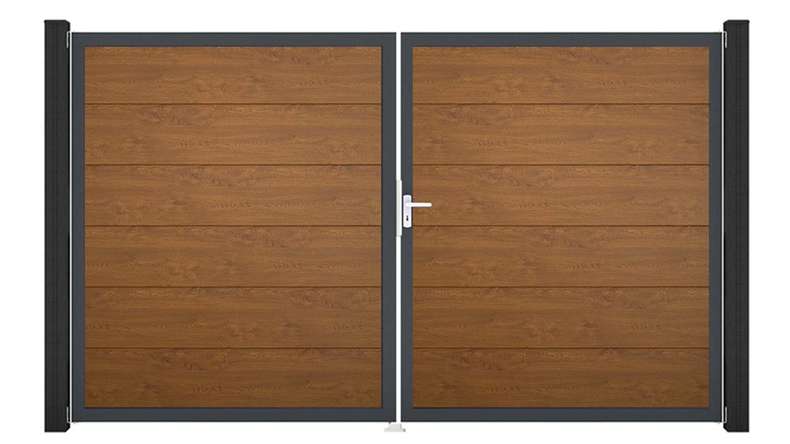 planeo Gardence Simply - Cancello in PVC a due ante, colore Golden Oak, con telaio in alluminio 