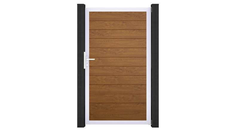 planeo Gardence Simply Small - Cancello universale in PVC Golden Oak con telaio in alluminio 100 x 180 cm