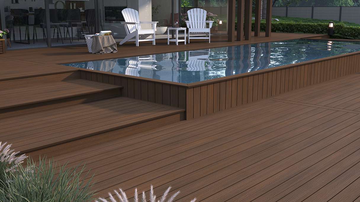 planeo WOODLine Nature - Pannello per decking rivestito in WPC CoEx a camera cava - Ipe Brown 3m strutturato/liscio spazzolato