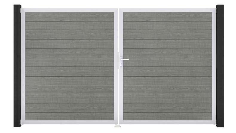 planeo Gardence Simply Small - Cancello in PVC a 2 ante Grey Ash Cut con telaio in alluminio 300 x 180 cm