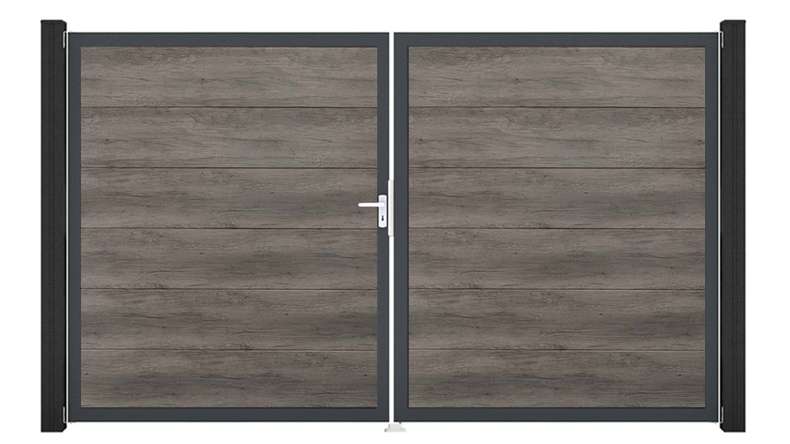 planeo Gardence Simply - Cancello in PVC a due ante, modello Monument Oak con telaio in alluminio