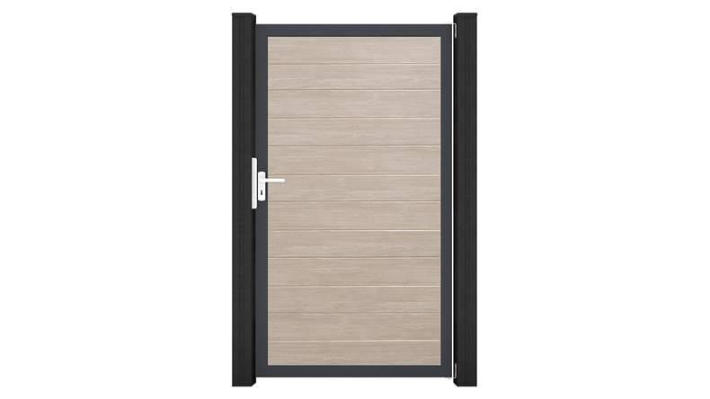 planeo Gardence Simply Small - Cancello universale in PVC Sheffield Oak con telaio in alluminio 100 x 180 cm