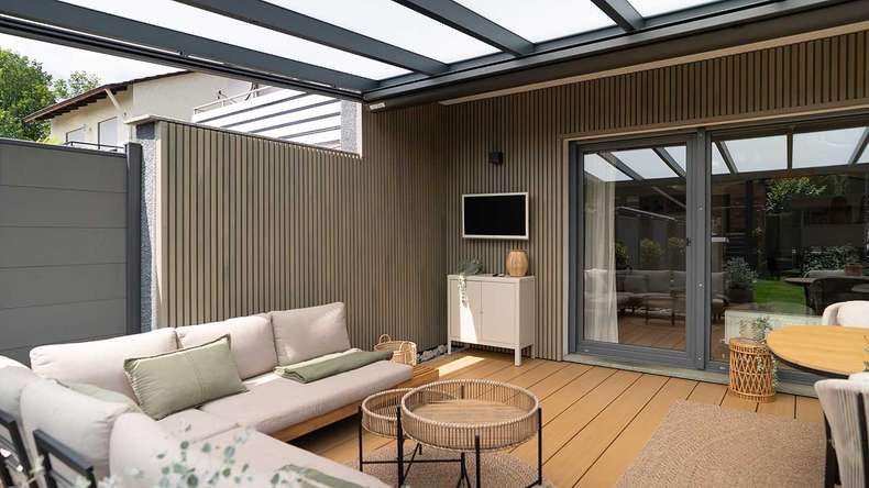 planeo MAXLine Nature - Pannello per decking XL rivestito in WPC CoEx camera cava - sabbia 3m strutturato/liscio spazzolato