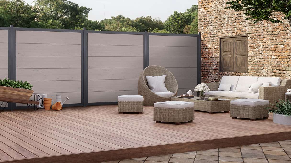 planeo Gardence Guard - Recinzione in BPC quadrata Bicolore Sabbia con telaio in alluminio antracite