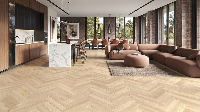 planeo Rigid Klick Vinyl - SolutionX 2in1 Herringbone Oak Light | Isolamento acustico integrato (ECF-HB-4855)