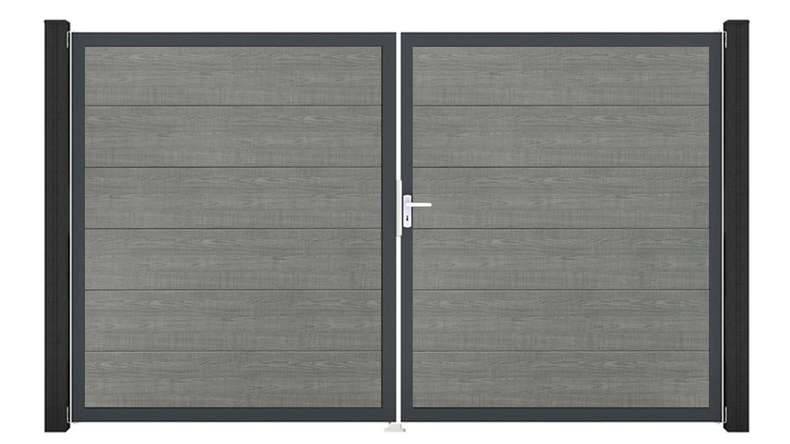 planeo Gardence Simply - Cancello in PVC a 2 ante Grey Ash Cut con telaio in alluminio