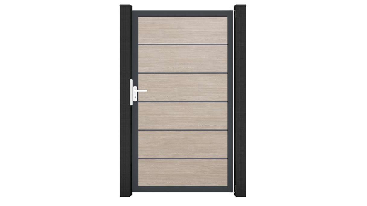 planeo Gardence Simply Premium - Cancello universale in PVC Sheffield Oak con telaio in alluminio 100 x 180 cm