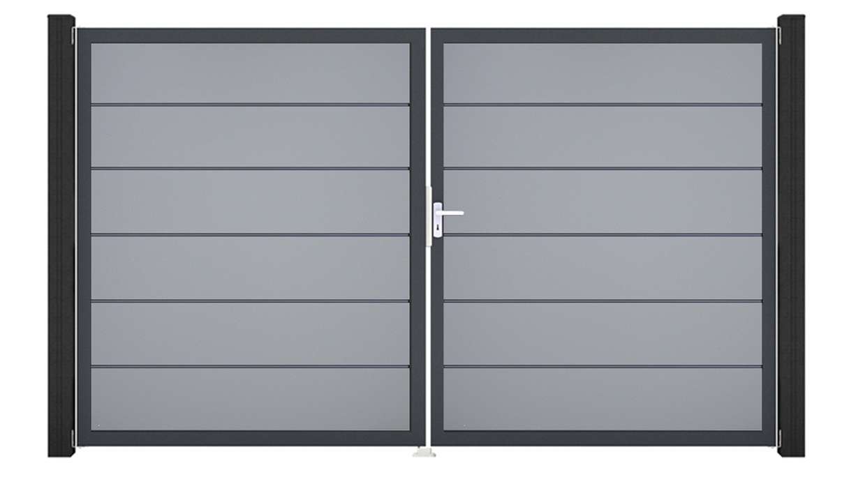planeo Gardence Simply Premium - Porta in PVC - DIN destra a 2 ante grigio argento con telaio in alluminio antracite | DB703 300 x 180 cm