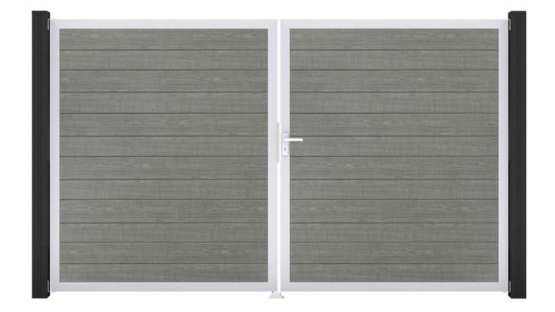 planeo Gardence Simply Small - Porta in PVC - DIN destra a 2 ante Grigio Cenere Tagliato con telaio in alluminio argento | EV1 300 x 180 cm