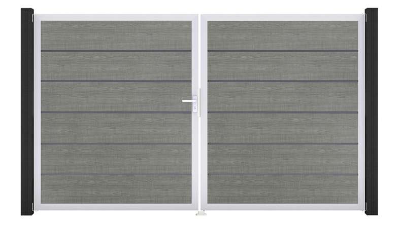 planeo Gardence Simply Premium - Cancello in PVC a 2 ante Grey Ash Cut con telaio in alluminio 300 x 180 cm