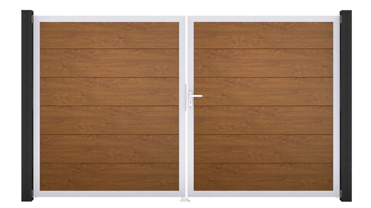planeo Gardence Simply - Cancello in PVC a due ante, colore Golden Oak, con telaio in alluminio