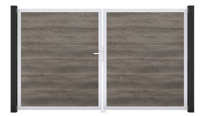 planeo Gardence Simply - Cancello in PVC a due ante, modello Monument Oak con telaio in alluminio