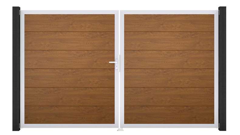 planeo Gardence Simply - Porta in PVC - DIN Sinistro a 2 ante Quercia dorata con telaio in alluminio argento
