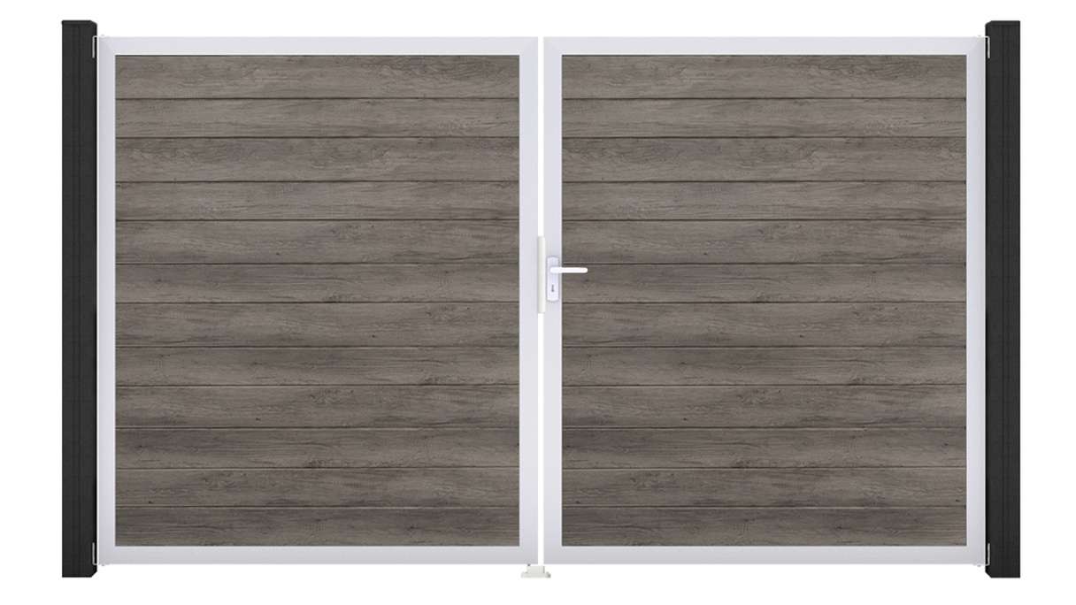 planeo Gardence Simply Small - Cancello in PVC a 2 ante, finitura Monument Oak con telaio in alluminio, 300 x 180 cm