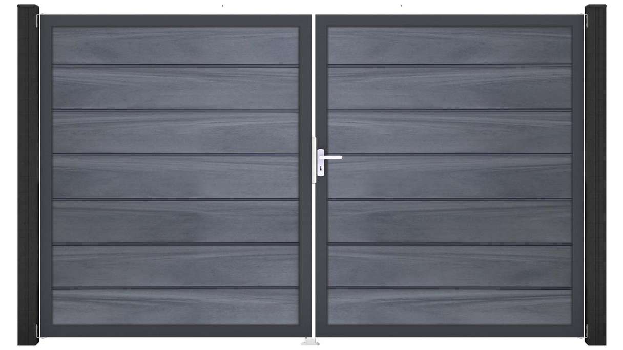 planeo Gardence Deluxe - Cancello BPC - a 2 ante, grigio pietra, co-ex con telaio in alluminio