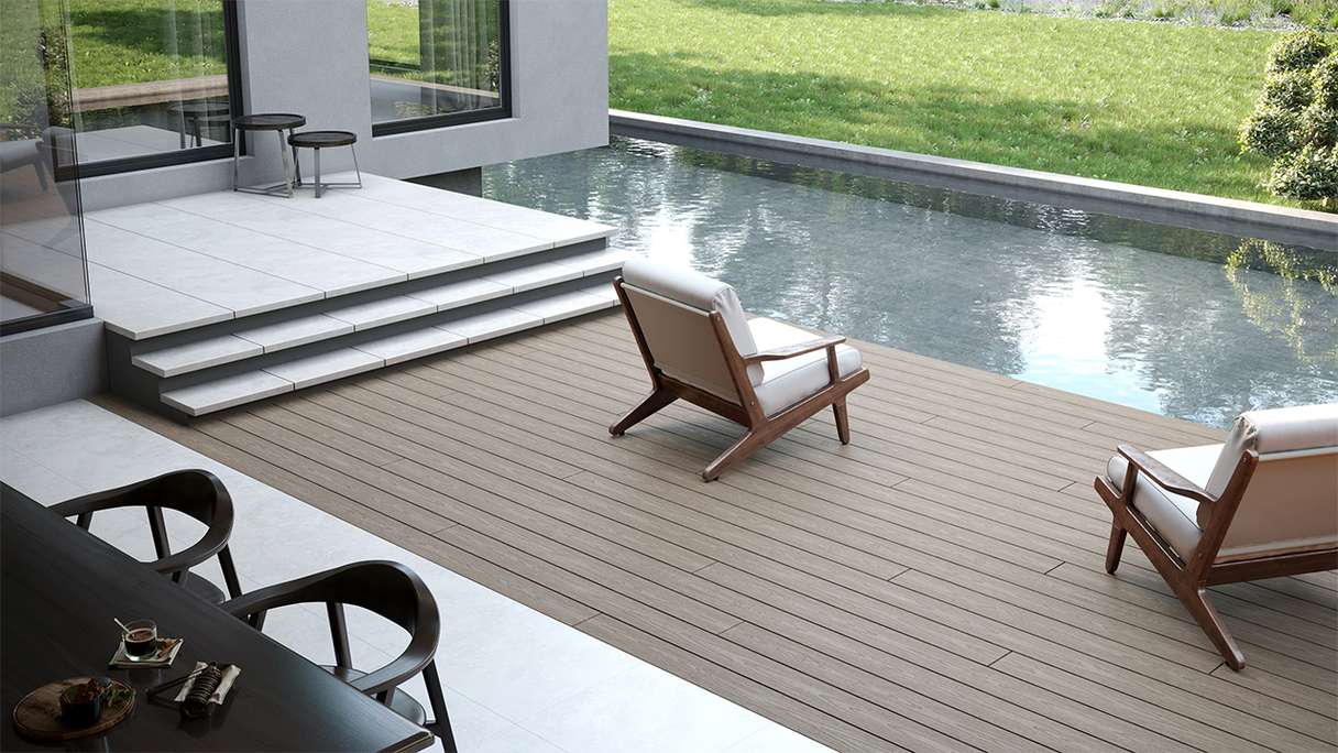 planeo CoEXWood WPC set completo di listoni massicci - grigio antracite/grigio strutturato