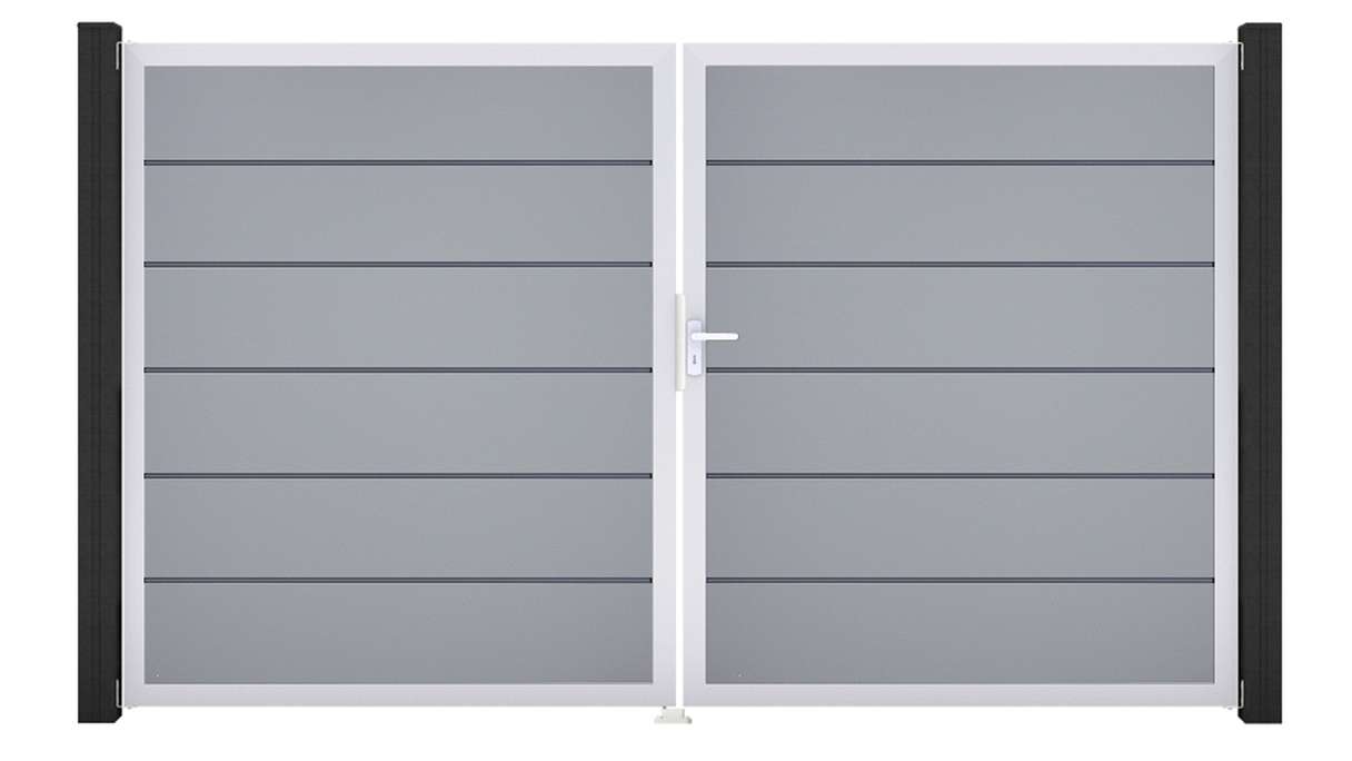 planeo Gardence Simply Premium - Cancello in PVC a 2 ante, grigio argento con telaio in alluminio, 300 x 180 cm