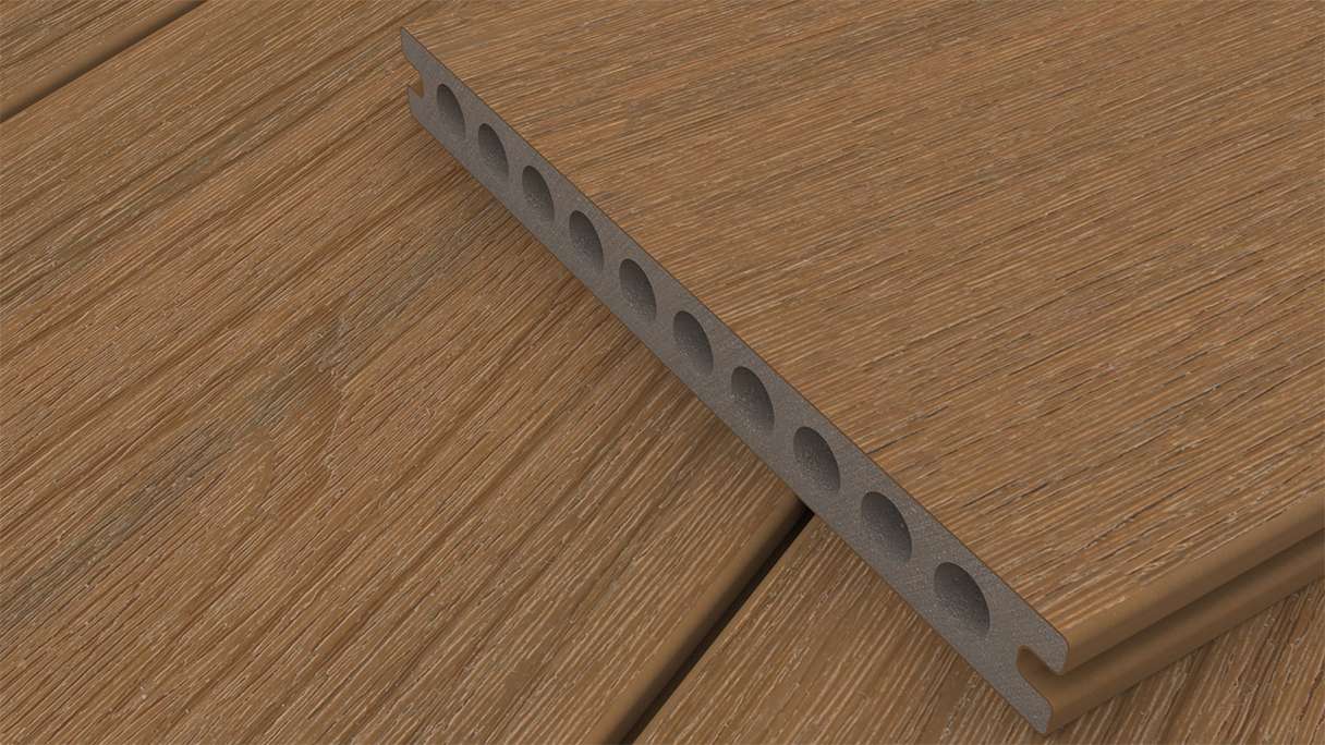 planeo MAXLine Nature - pannello per decking WPC CoEx avvolto XL camera cava - teak Burma 3m strutturato/liscio spazzolato