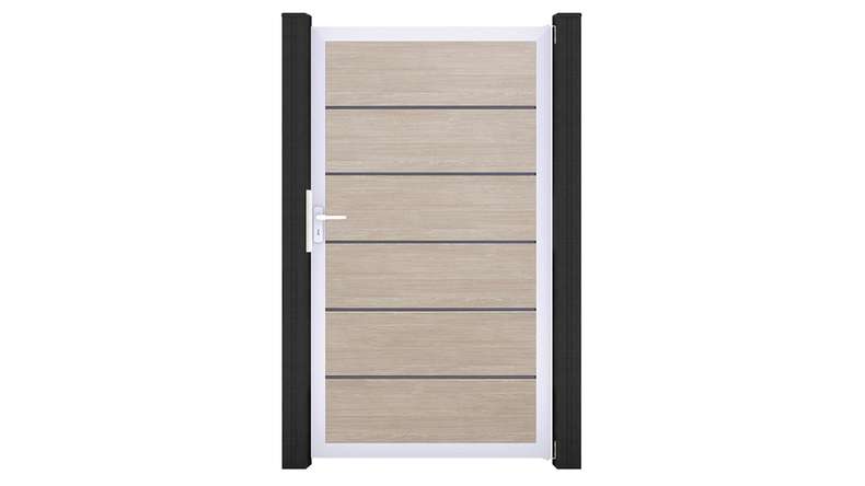 planeo Gardence Simply Premium - Cancello universale in PVC Sheffield Oak con telaio in alluminio 100 x 180 cm