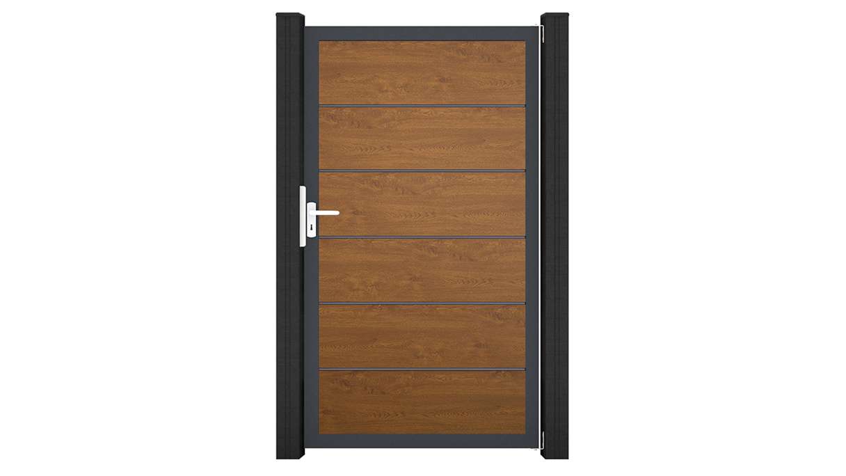 planeo Gardence Simply Premium - Cancello universale in PVC Golden Oak con telaio in alluminio 100 x 180 cm