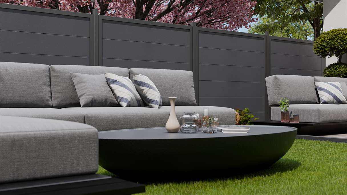 planeo Gardence Simply Guard - recinzione da giardino in PVC grigio antracite con telaio in alluminio antracite 180 x 180 cm