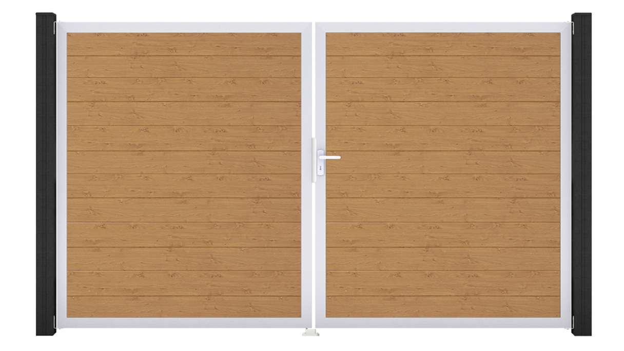 planeo Gardence Simply Small - Cancello in PVC a 2 ante, finitura rovere naturale con telaio in alluminio, 300 x 180 cm