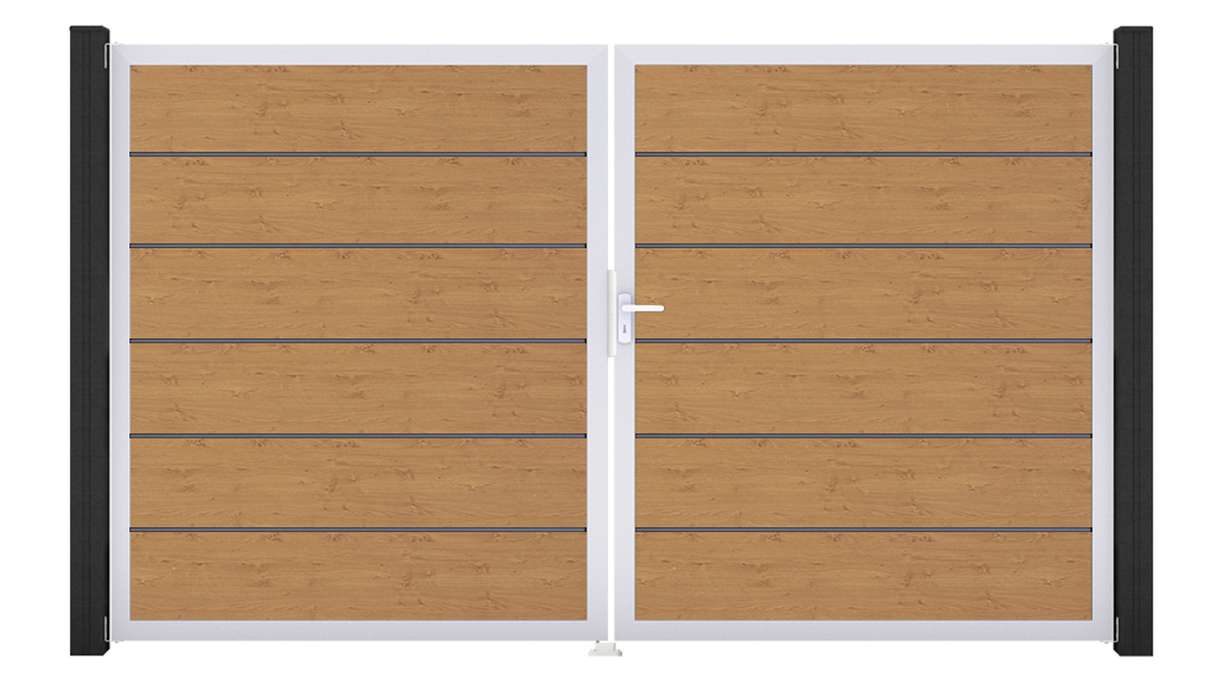 planeo Gardence Simply Premium - Cancello in PVC a 2 ante, rovere nodoso naturale con telaio in alluminio, 300 x 180 cm