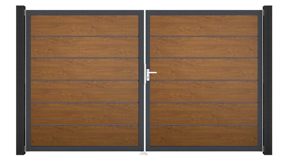 planeo Gardence Simply Premium - Cancello in PVC a 2 ante Golden Oak con telaio in alluminio 300 x 180 cm