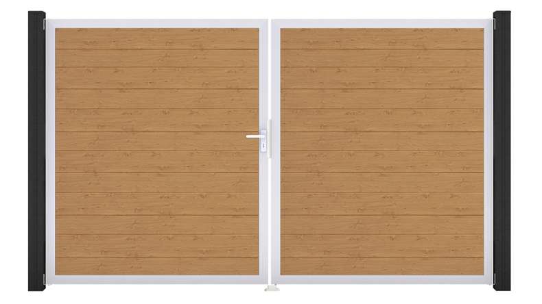 planeo Gardence Simply Small - Cancello in PVC a 2 ante, finitura rovere naturale con telaio in alluminio, 300 x 180 cm