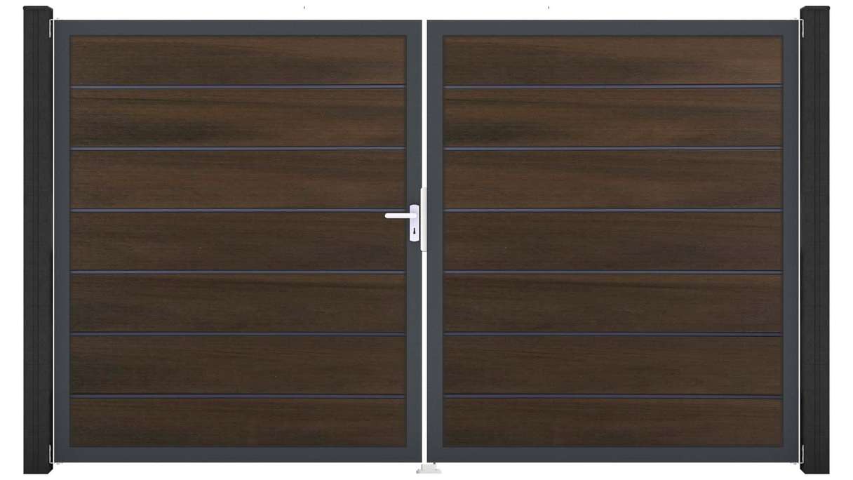 planeo Gardence Deluxe - Cancello BPC - a 2 ante, in noce co-ex con telaio in alluminio