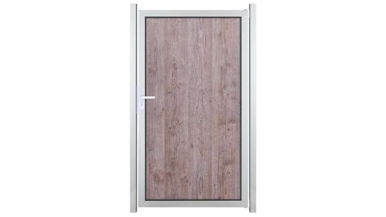 planeo Gardence Resistant - Porta schermata per la privacy in HPL effetto legno con telaio in alluminio argento EV1