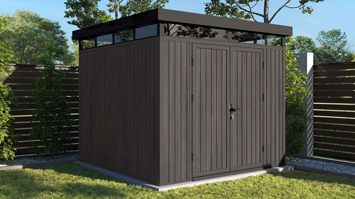 planeo WPC CoEx Casetta da giardino con tetto piano M - Grigio scuro 250 x 250 x 226,5 cm