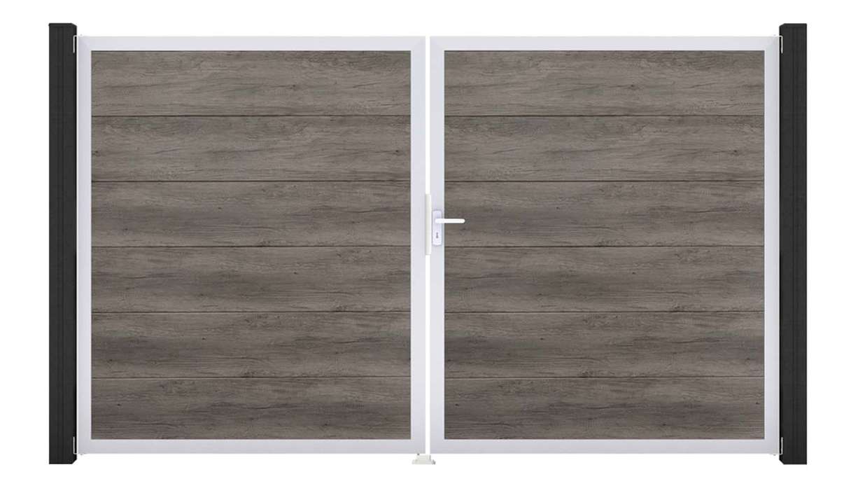 planeo Gardence Simply - Cancello in PVC a due ante, modello Monument Oak con telaio in alluminio