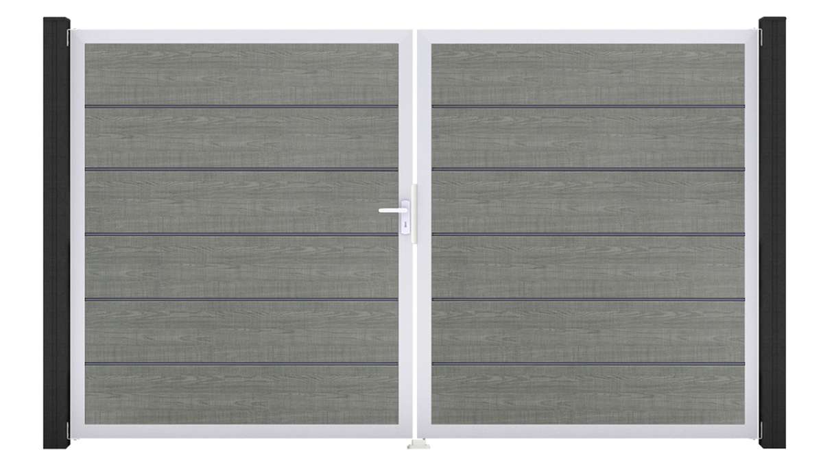 planeo Gardence Simply Premium - Cancello in PVC a 2 ante Grey Ash Cut con telaio in alluminio 300 x 180 cm