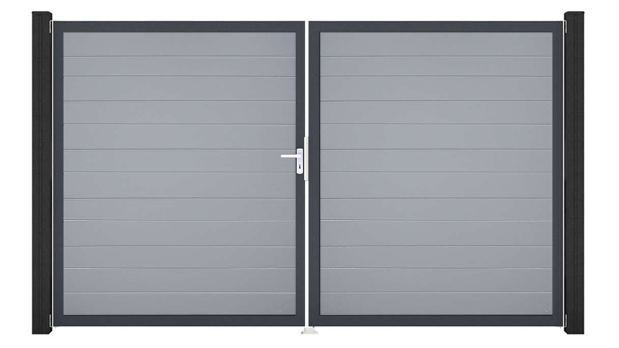 planeo Gardence Simply Small - Cancello in PVC a 2 ante, grigio argento con telaio in alluminio, 300 x 180 cm