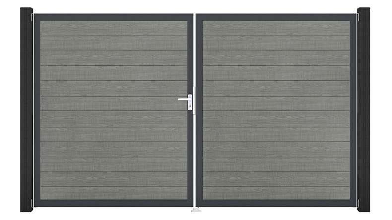 planeo Gardence Simply Small - Cancello in PVC a 2 ante Grey Ash Cut con telaio in alluminio 300 x 180 cm
