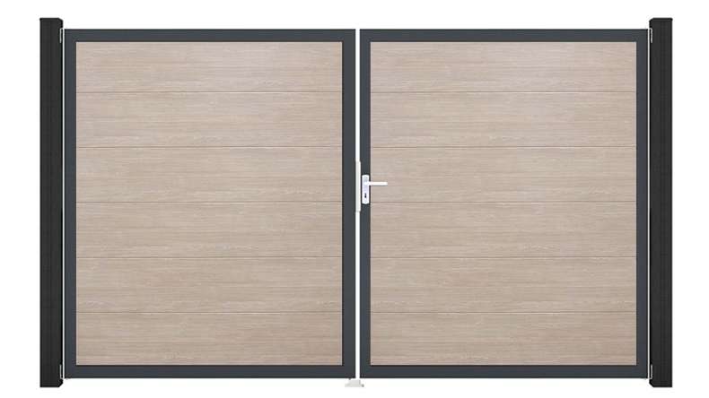 planeo Gardence Simply - Cancello in PVC a 2 ante Sheffield Oak con telaio in alluminio