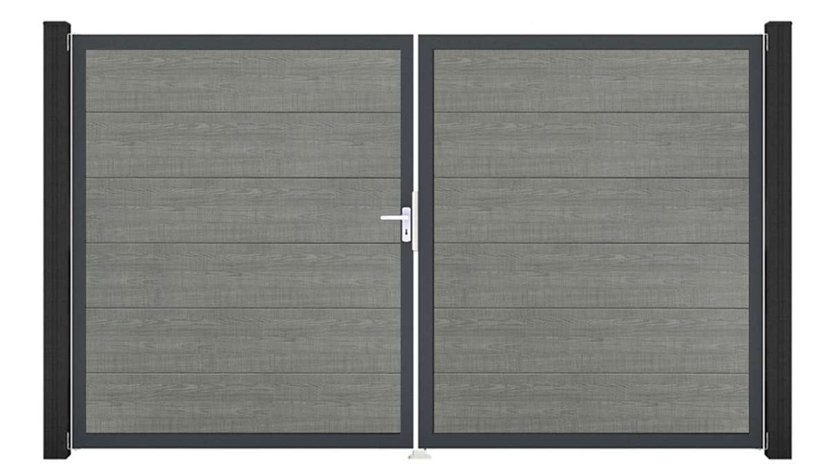 planeo Gardence Simply - Cancello in PVC a 2 ante Grey Ash Cut con telaio in alluminio