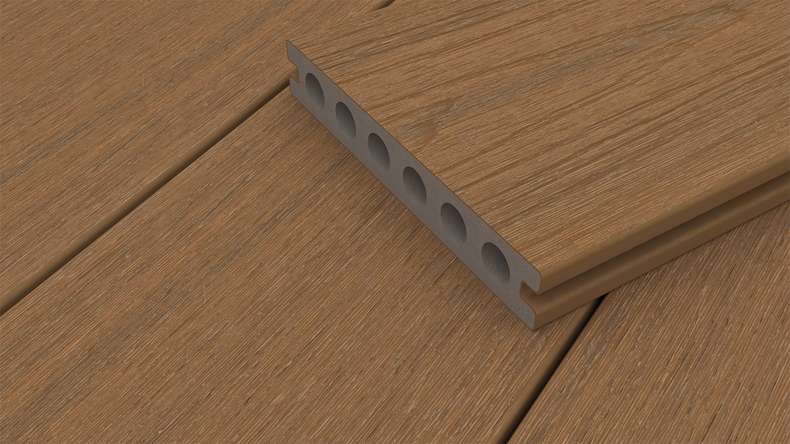 planeo WOODLine Nature - Pannello per decking rivestito in WPC CoEx a camera cava - Burma teak 3m strutturato/liscio spazzolato