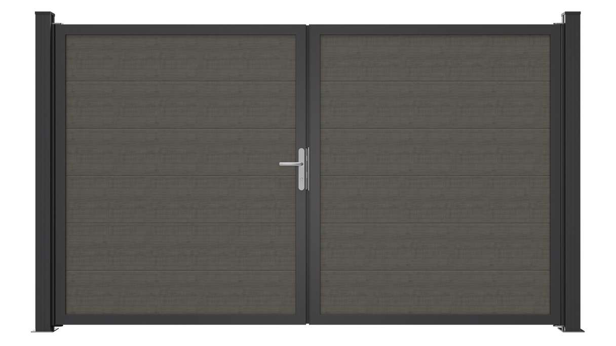 planeo Gardence Simply Guard - Cancello in PVC - a due ante, modello Grey Ash Cut con telaio in alluminio, 300 x 180 cm
