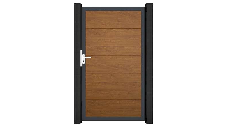 planeo Gardence Simply Small - Cancello universale in PVC Golden Oak con telaio in alluminio 100 x 180 cm