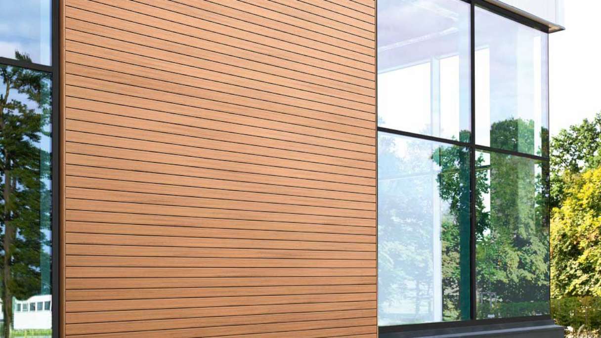 planeo Fassado - WPC rivestimento facciata a fasce romboidali in rovere marrone