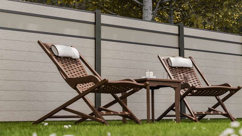 planeo Gardence Strong - recinzione a innesto BPC in vetro satinato sabbia bicolore 180 x 180 cm