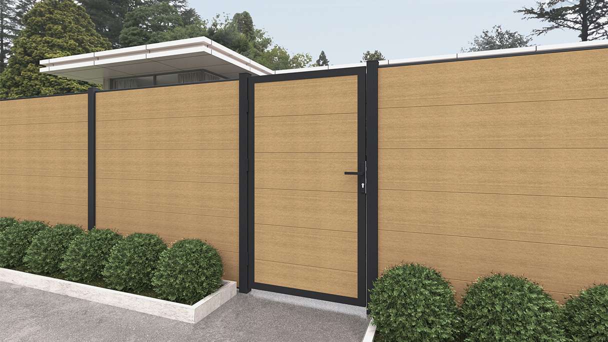 planeo INFINITY XL-Board - WPC CoEx sabbia universale per porte con telaio in alluminio antracite 100 x 180
