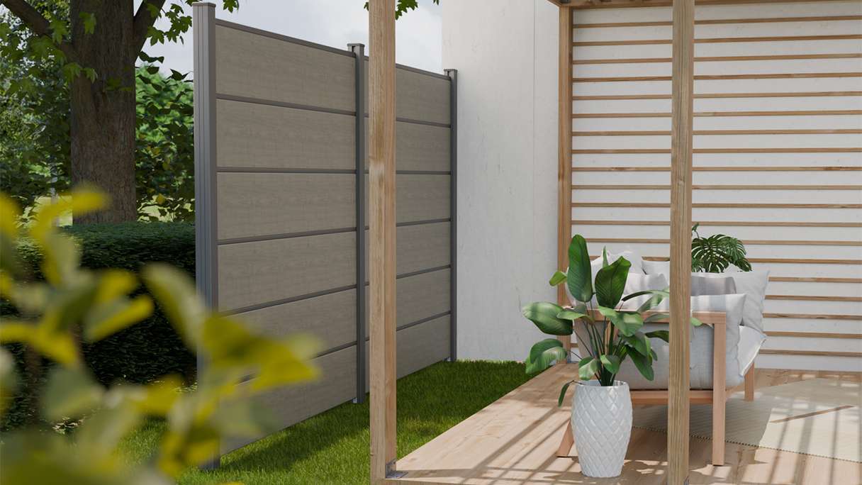 planeo Gardence Simply Premium - recinzione a innesto in PVC Grigio Cenere Taglio con lesene in antracite 180 x 180 cm